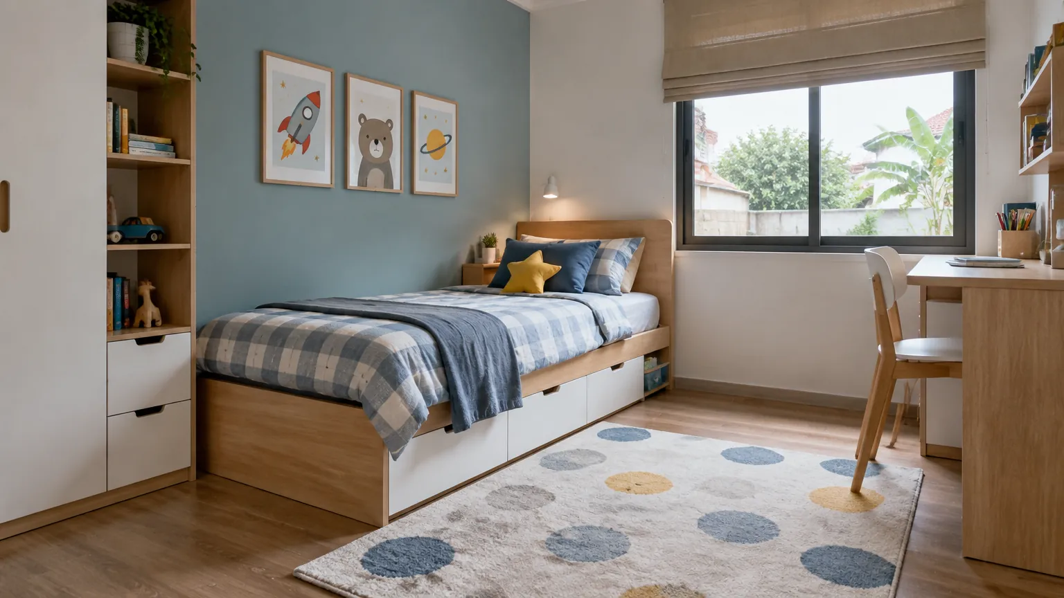Kamar anak dengan tempat tidur berlaci dan lemari