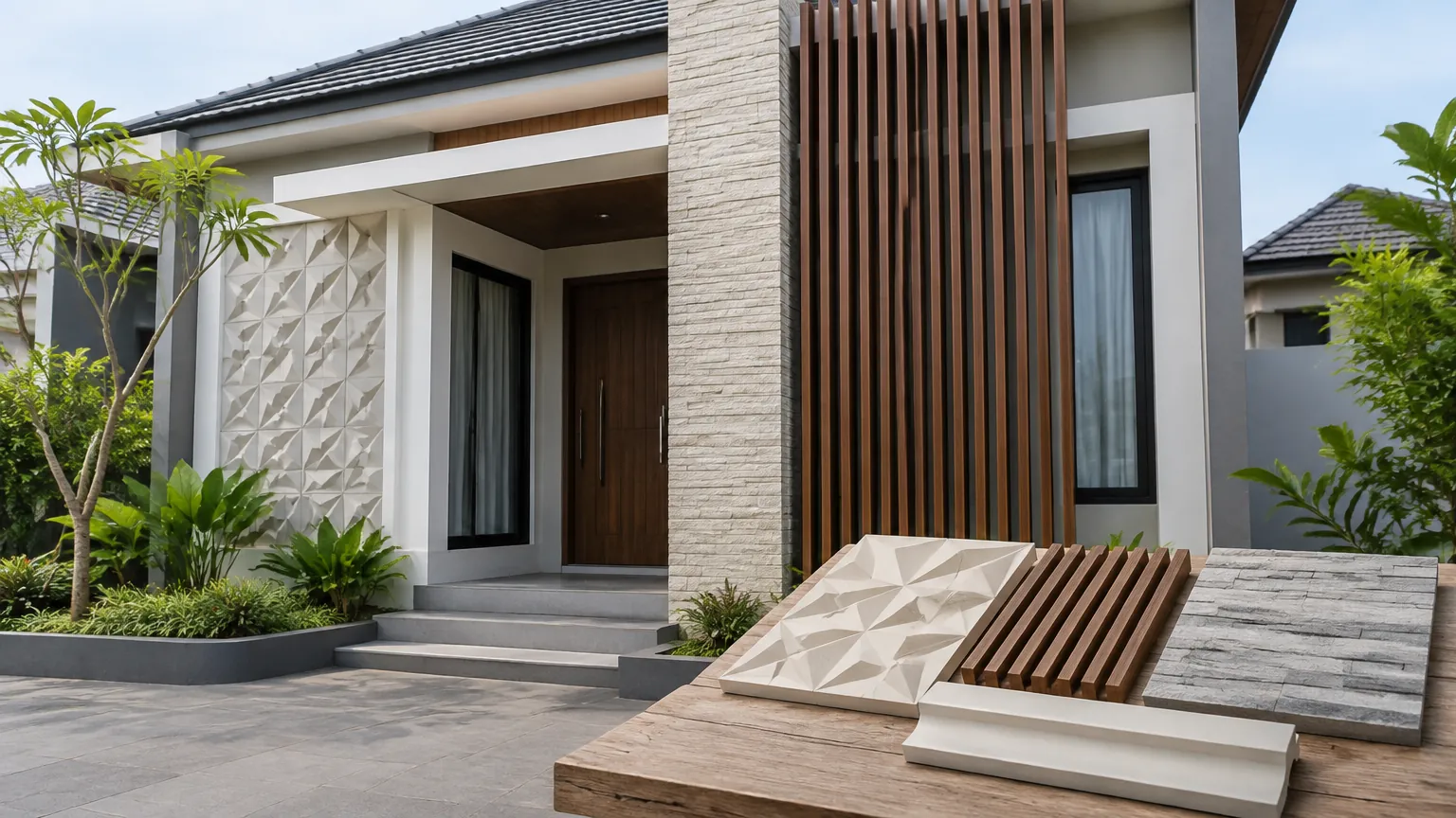 Contoh panel ornamen dipasang di depan fasad rumah