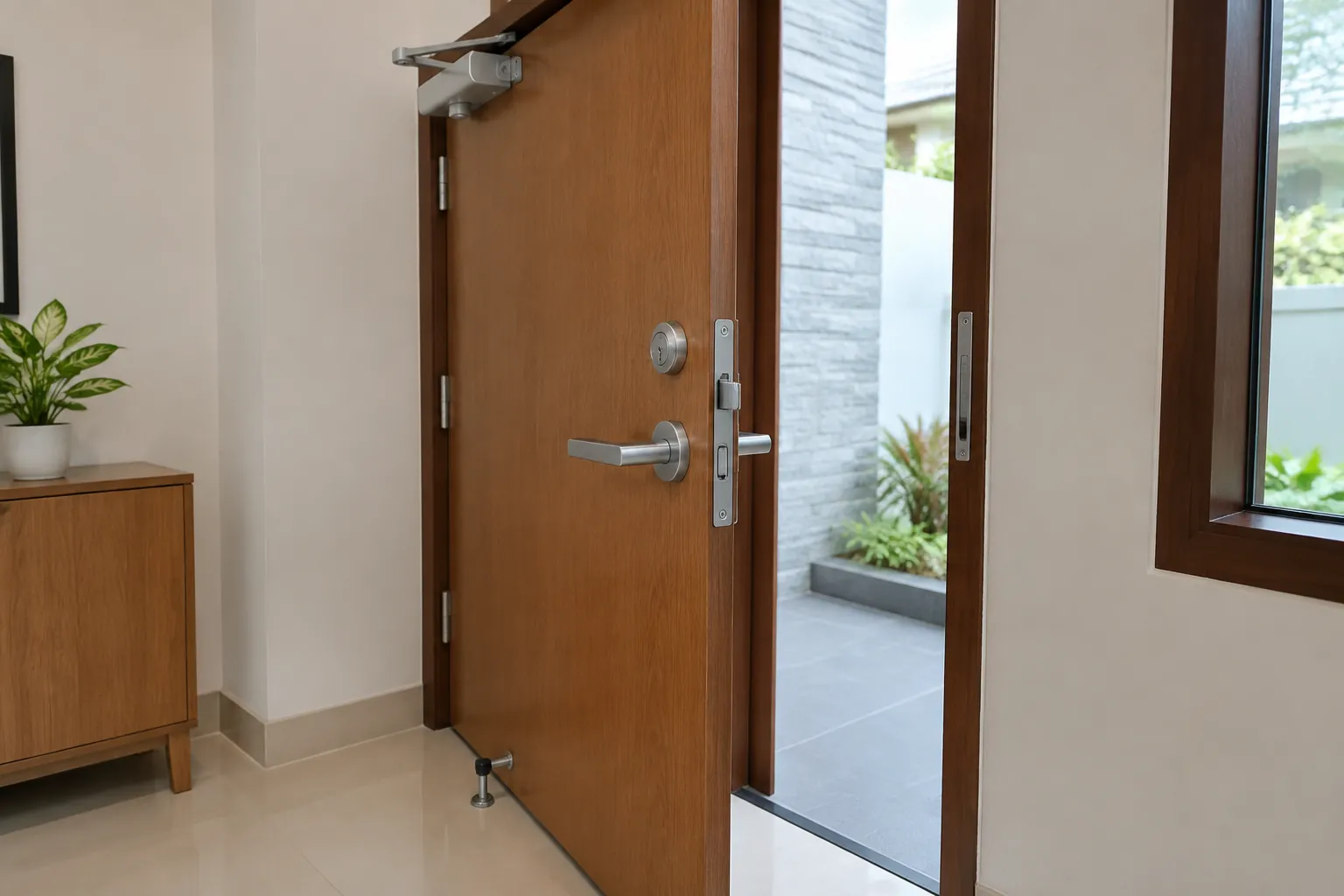 Pintu rumah terbuka dengan beberapa perangkat kunci