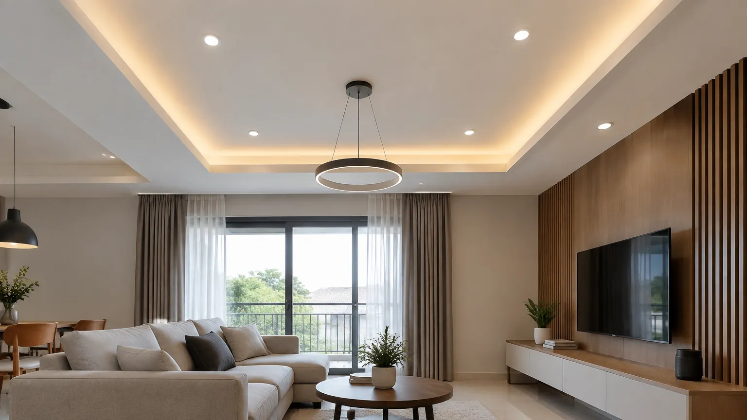 Ruang keluarga dengan plafon berlampu tersembunyi