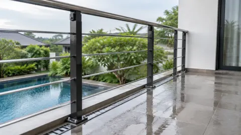 Railing logam balkon dekat area yang terkena hujan
