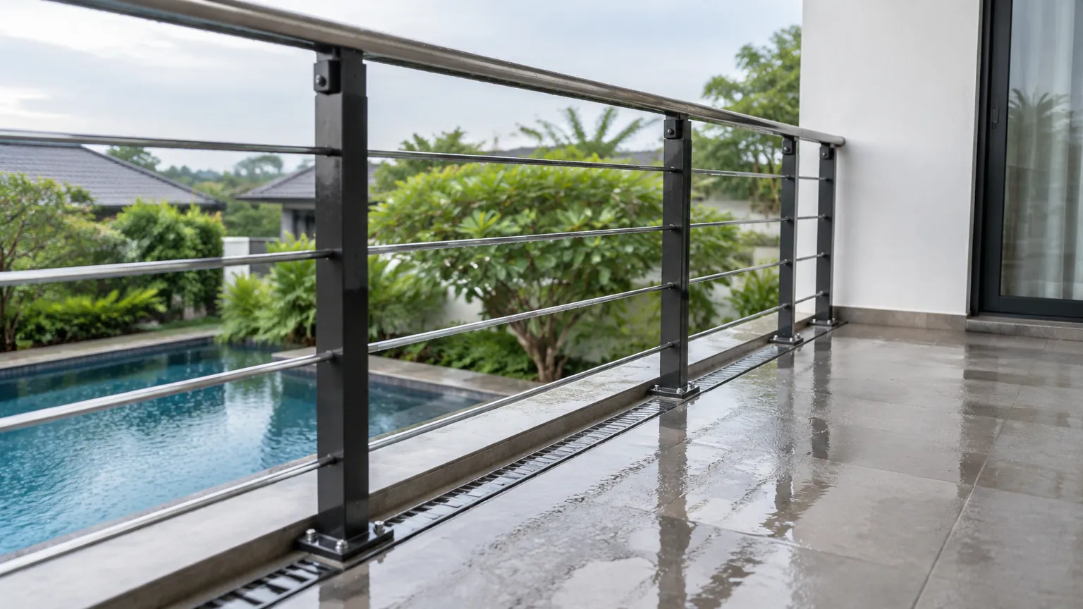 Railing logam balkon dekat area yang terkena hujan