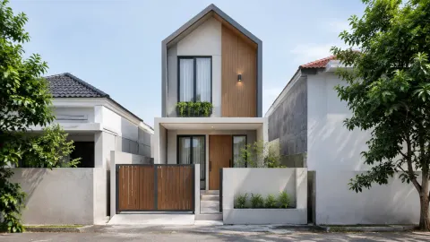 Rumah sempit bertingkat dengan bentuk fasad sederhana