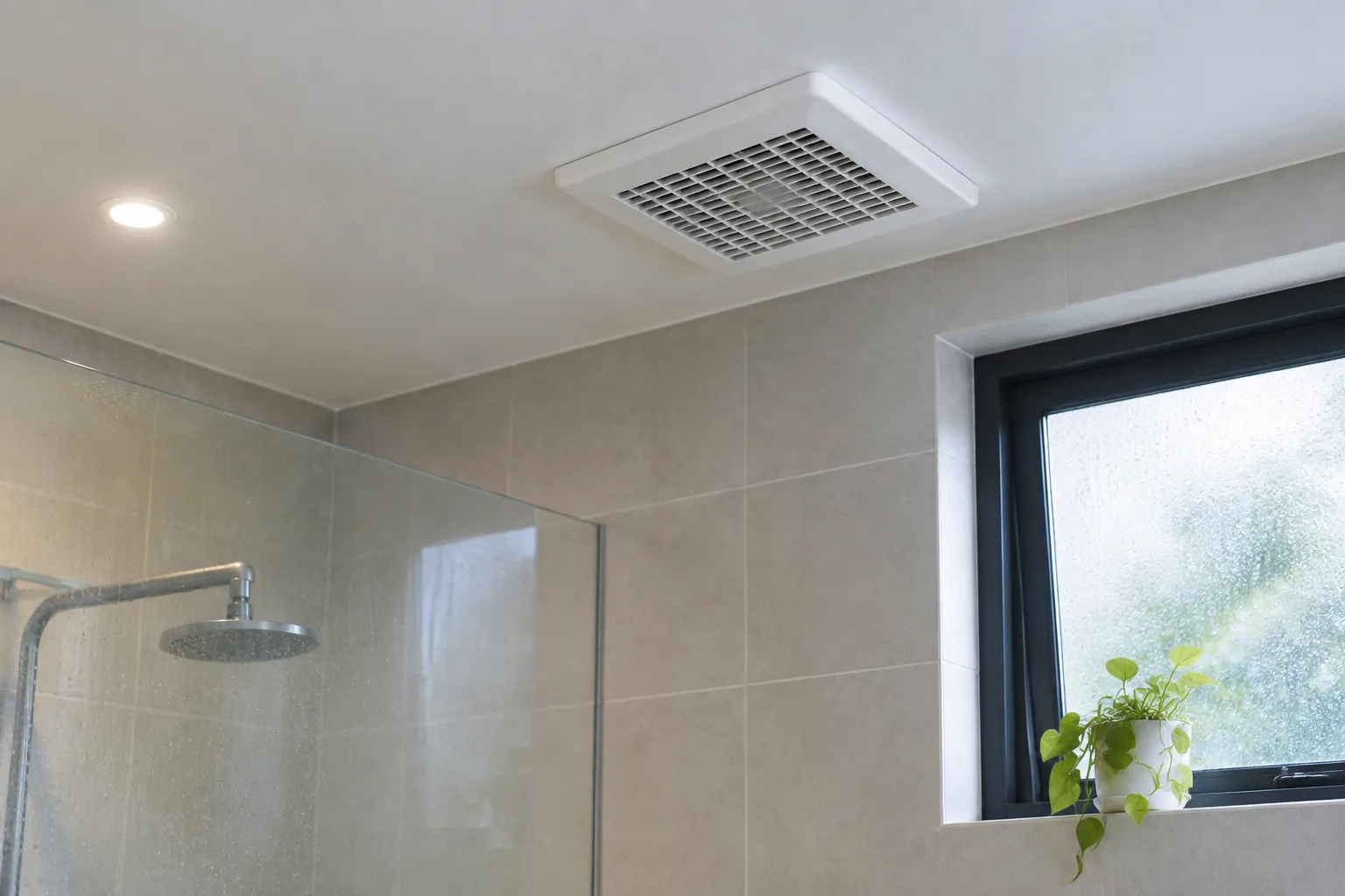 Kisi ventilasi plafon terlihat di area kamar mandi