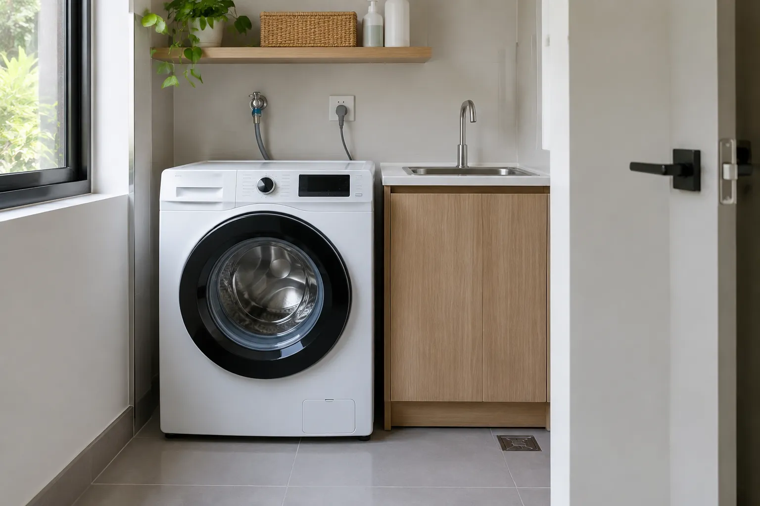 Mesin cuci dan bak cuci ditempatkan pada satu sisi ruang laundry kecil