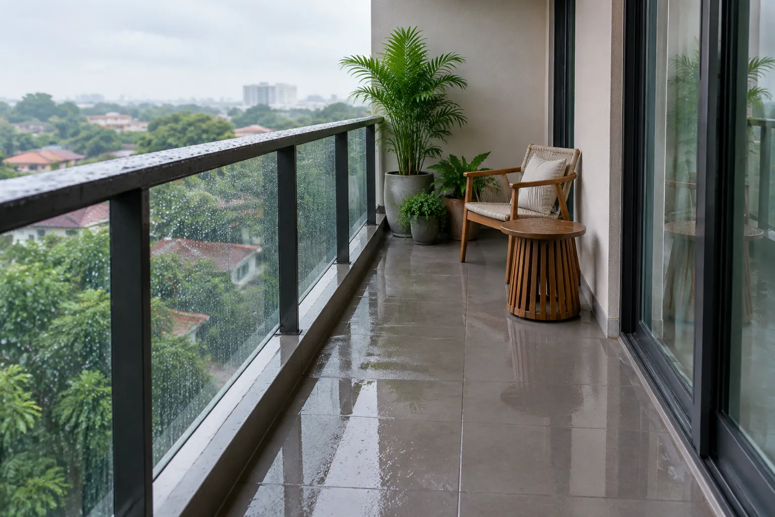 Balkon basah setelah hujan dengan pagar kaca dan tanaman