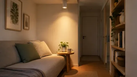 Ruang duduk kecil dengan lampu gantung yang menerangi sofa