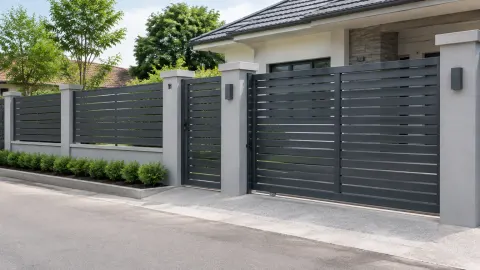 Pagar dan gerbang logam gelap di depan rumah