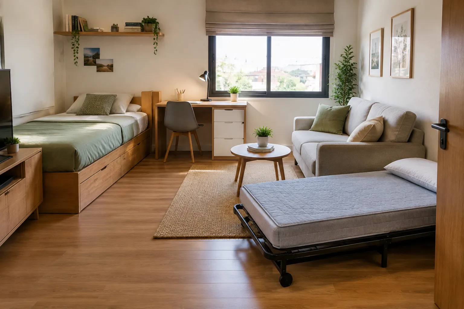 Kamar kecil memuat tempat tidur, meja kerja, dan kursi tambahan