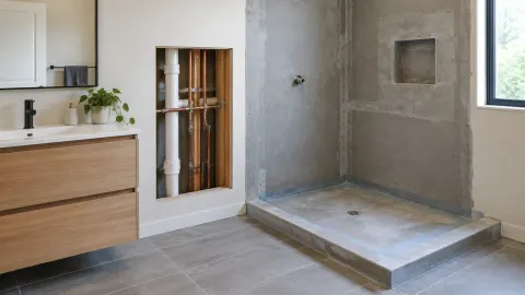 Area kamar mandi dalam pekerjaan dengan pipa dan lantai terbuka