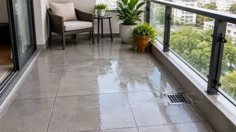 Lantai balkon basah dengan kursi dan tanaman dekat railing