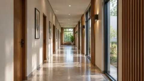 Lorong rumah panjang dengan banyak pintu dan jendela