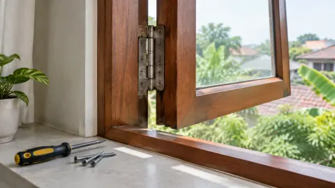 Engsel jendela kayu tampak aus dengan alat di ambangnya