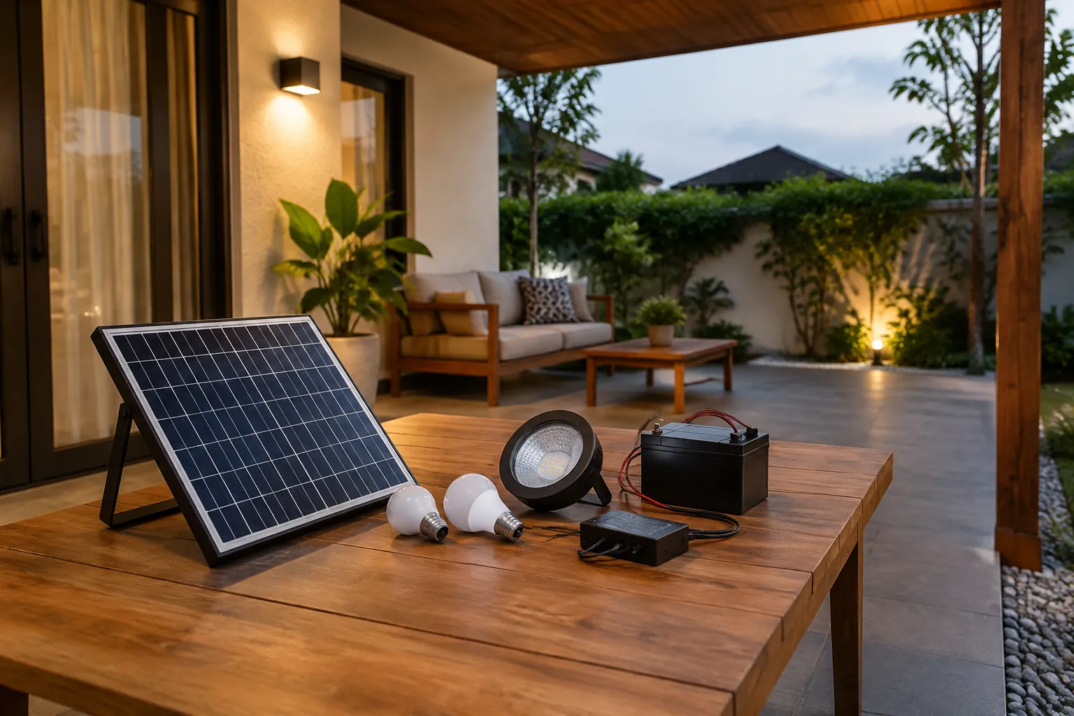 Panel surya dan lampu di meja.