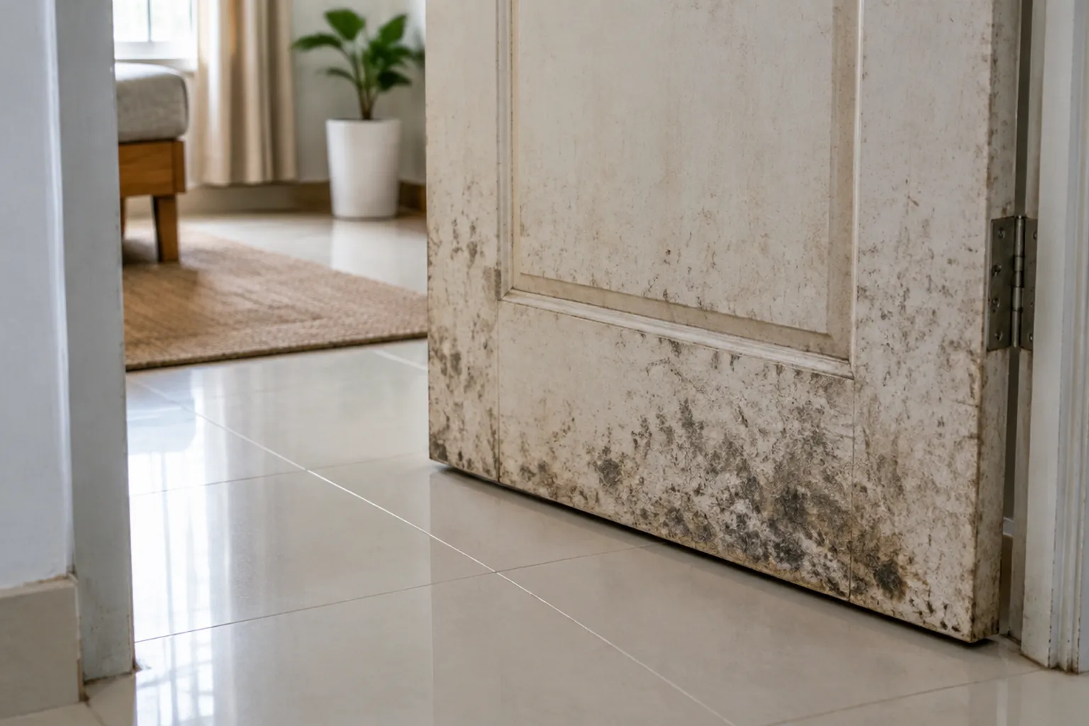 Bercak gelap pada bagian bawah pintu putih