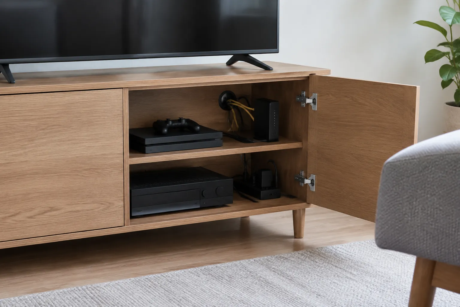 Kabinet TV kayu terbuka memperlihatkan ruang kabel dan peralatan
