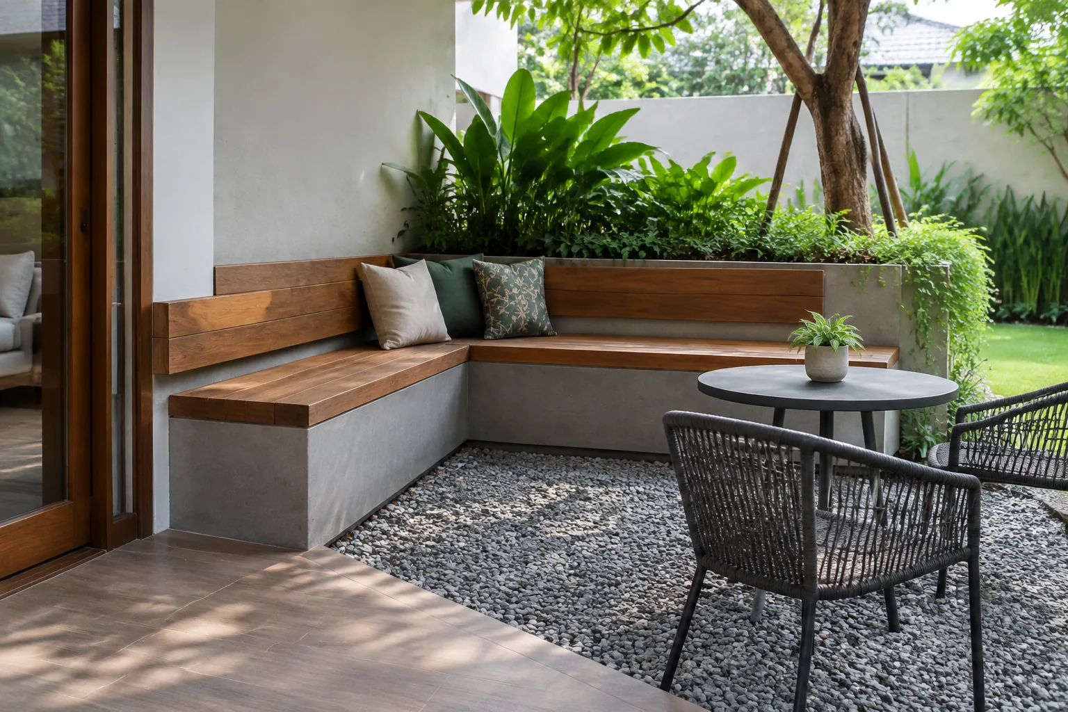 Bangku taman built-in dengan tanaman di belakangnya