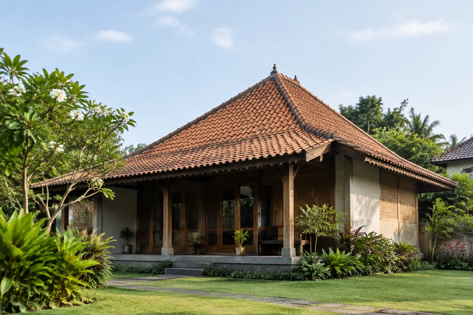 Rumah beratap genteng tradisional berada di taman tropis
