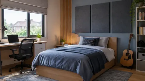 Kamar remaja dengan panel empuk di belakang tempat tidur