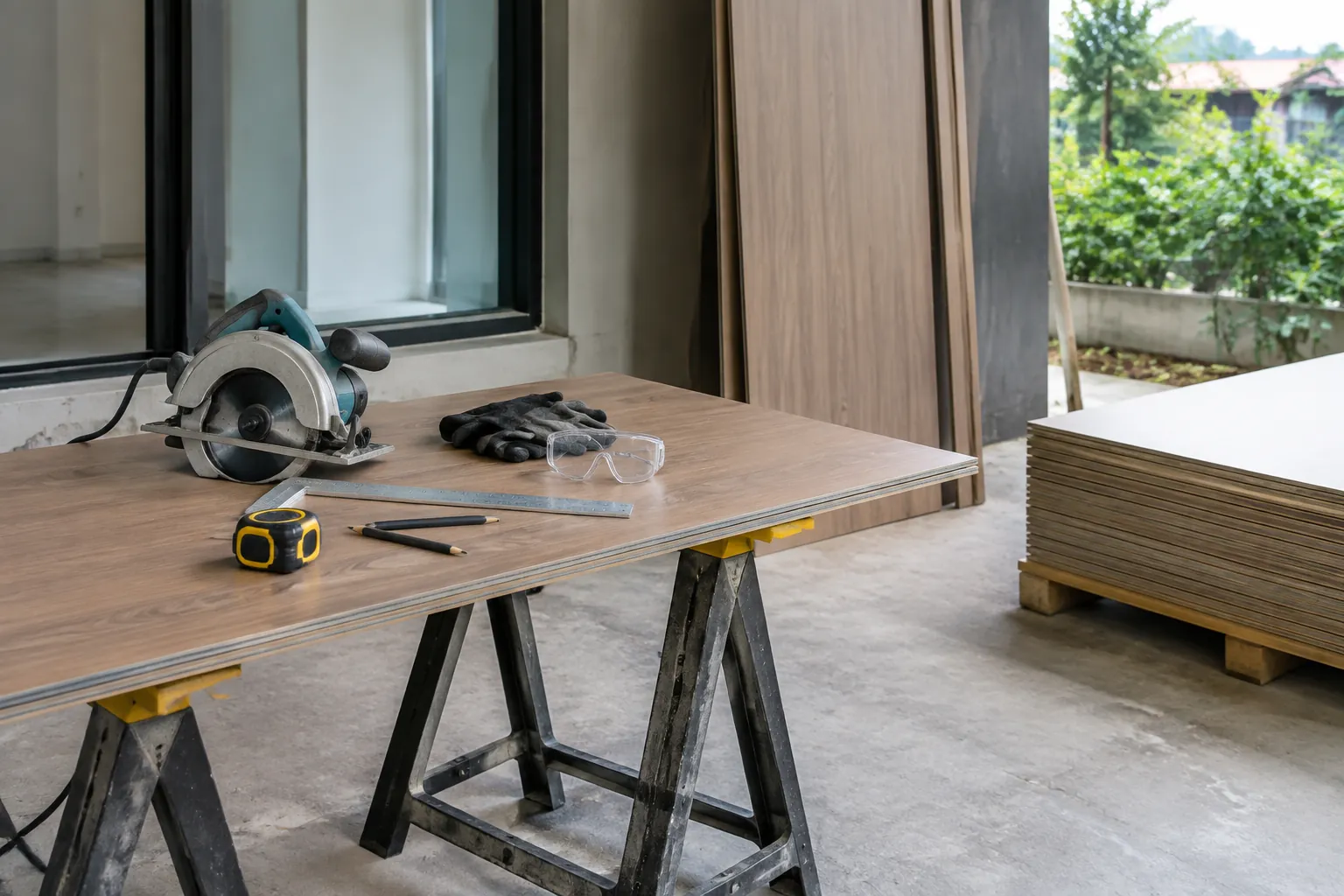 Gergaji dan alat ukur di meja kerja untuk panel pelapis