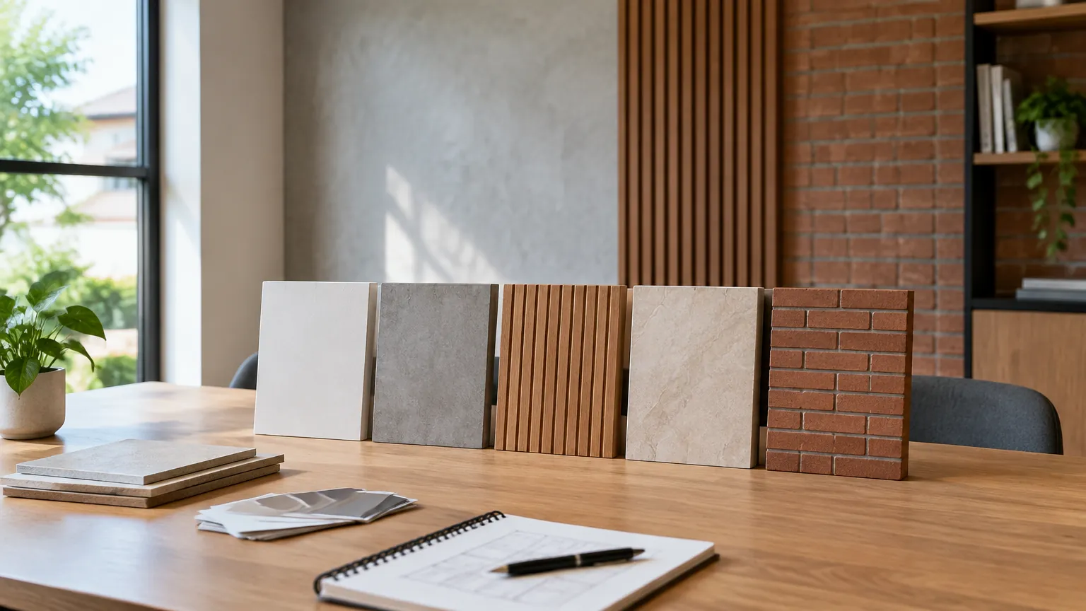 Beberapa contoh material dinding di depan bidang dinding berbeda
