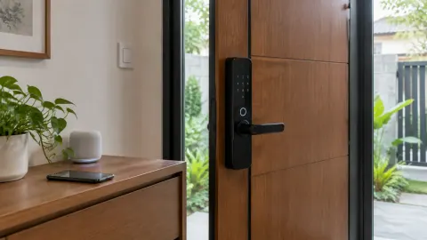 Pintu kayu dengan kunci elektronik hitam pada gagangnya