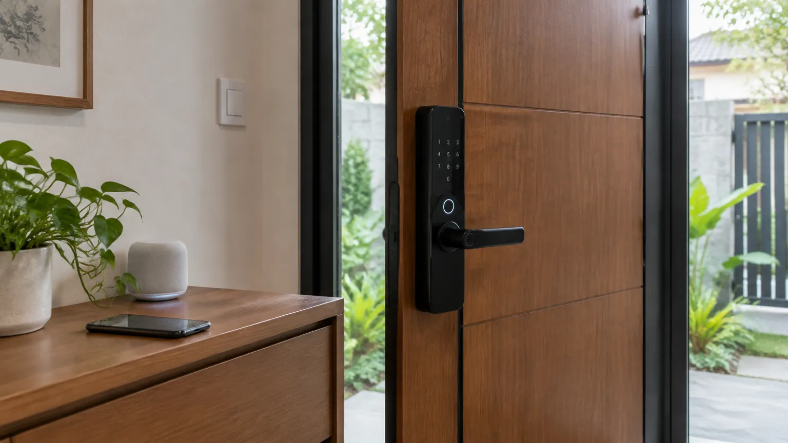 Pintu kayu dengan kunci elektronik hitam pada gagangnya