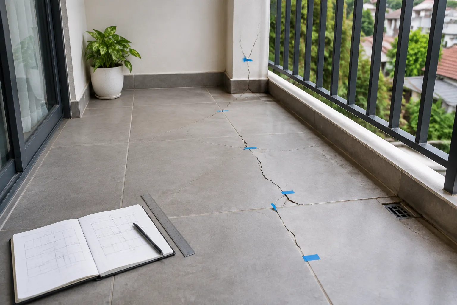 Retak lantai balkon ditandai dengan pita kecil di beberapa titik