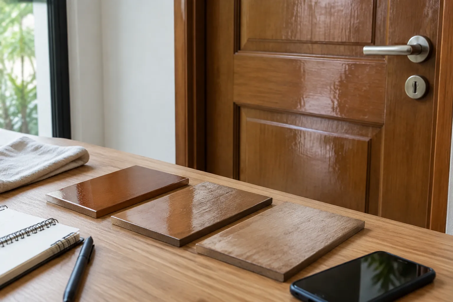 Sampel kayu dan alat kerja di depan pintu