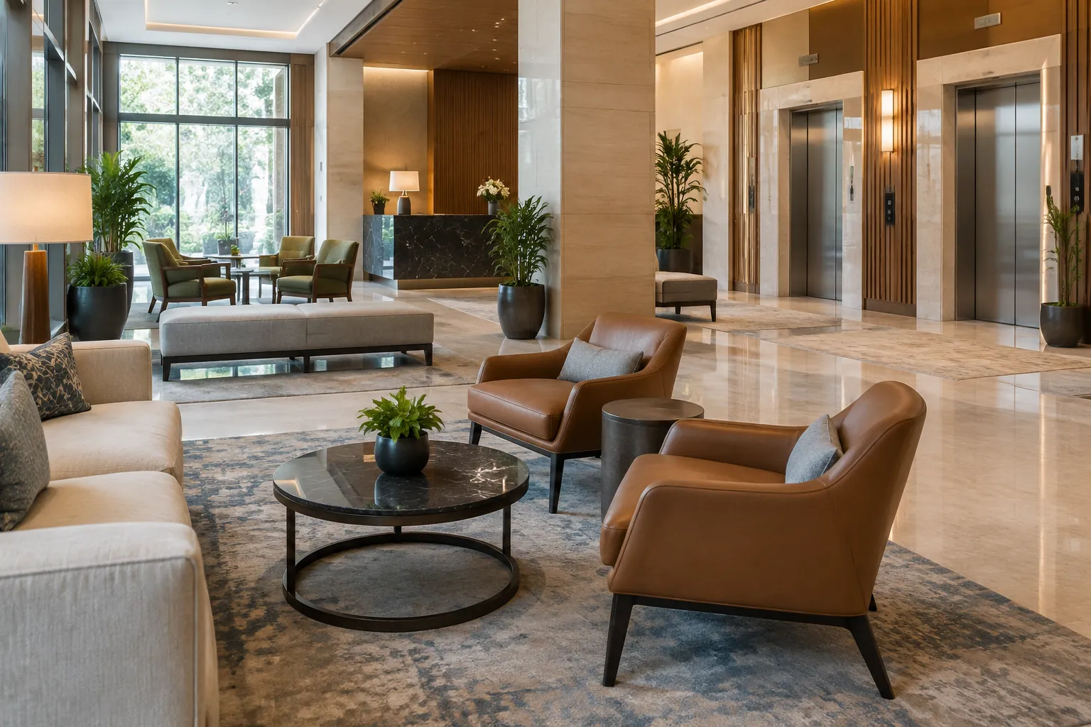 Sofa dan kursi pada area duduk lobi hotel