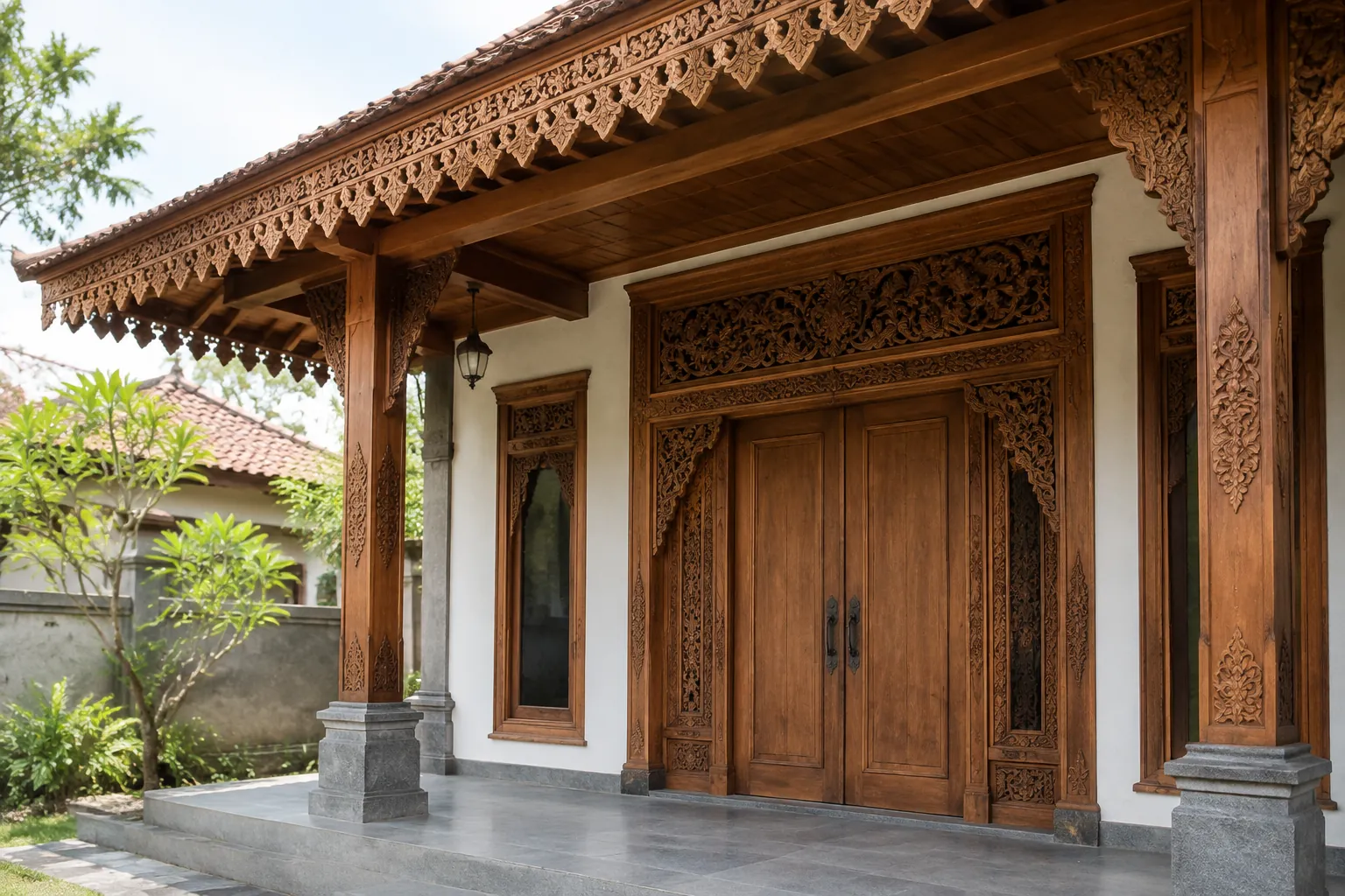 Ukiran kayu mengelilingi pintu rumah bergaya tradisional