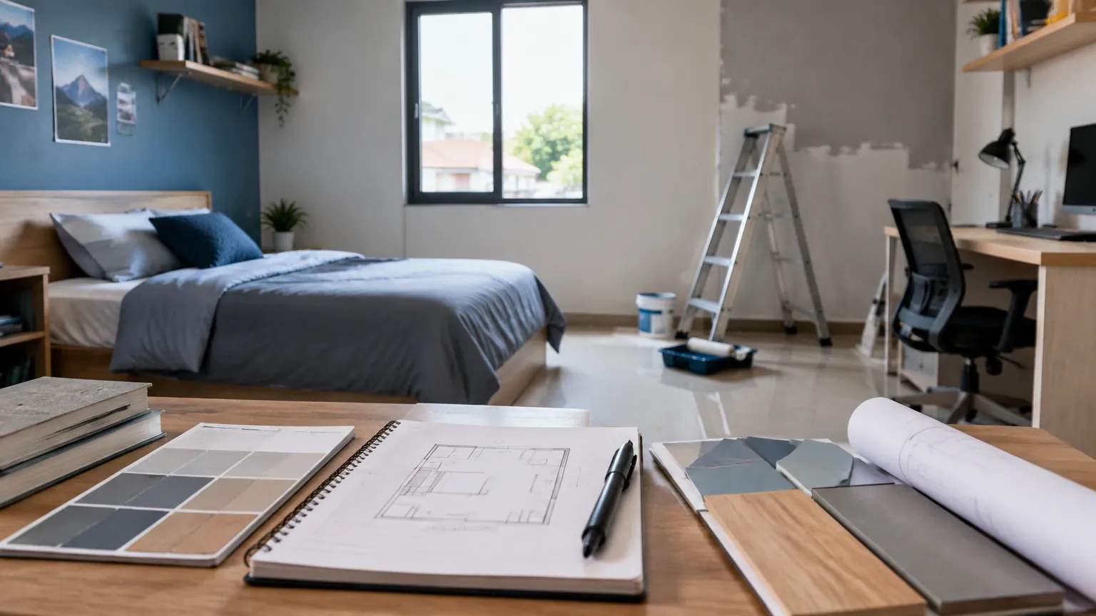 Rencana renovasi di meja depan kamar remaja