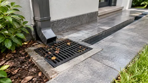 Ujung pipa air hujan dekat kisi drainase rumah