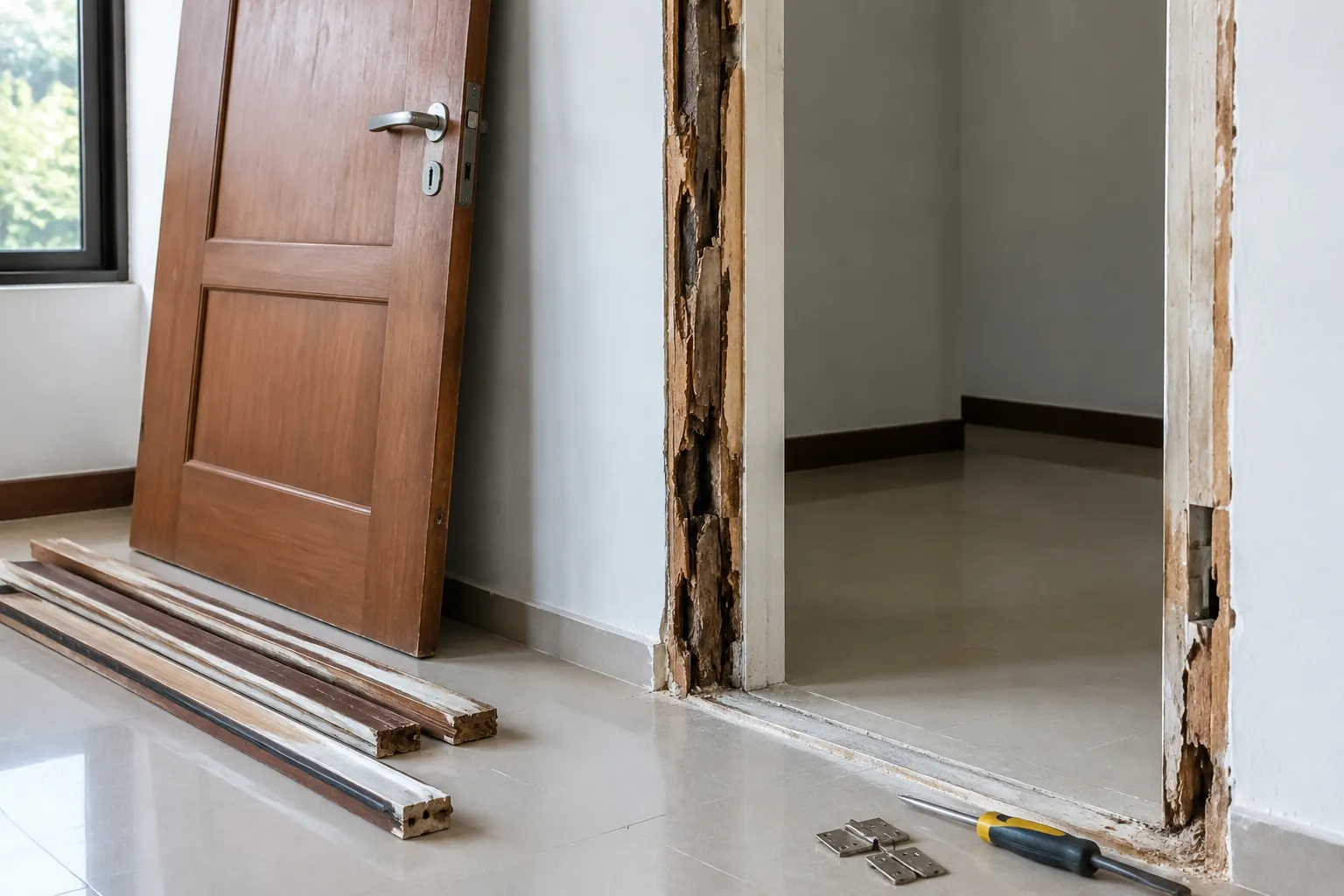 Kusen pintu lama dengan bagian tepi dinding yang terbuka