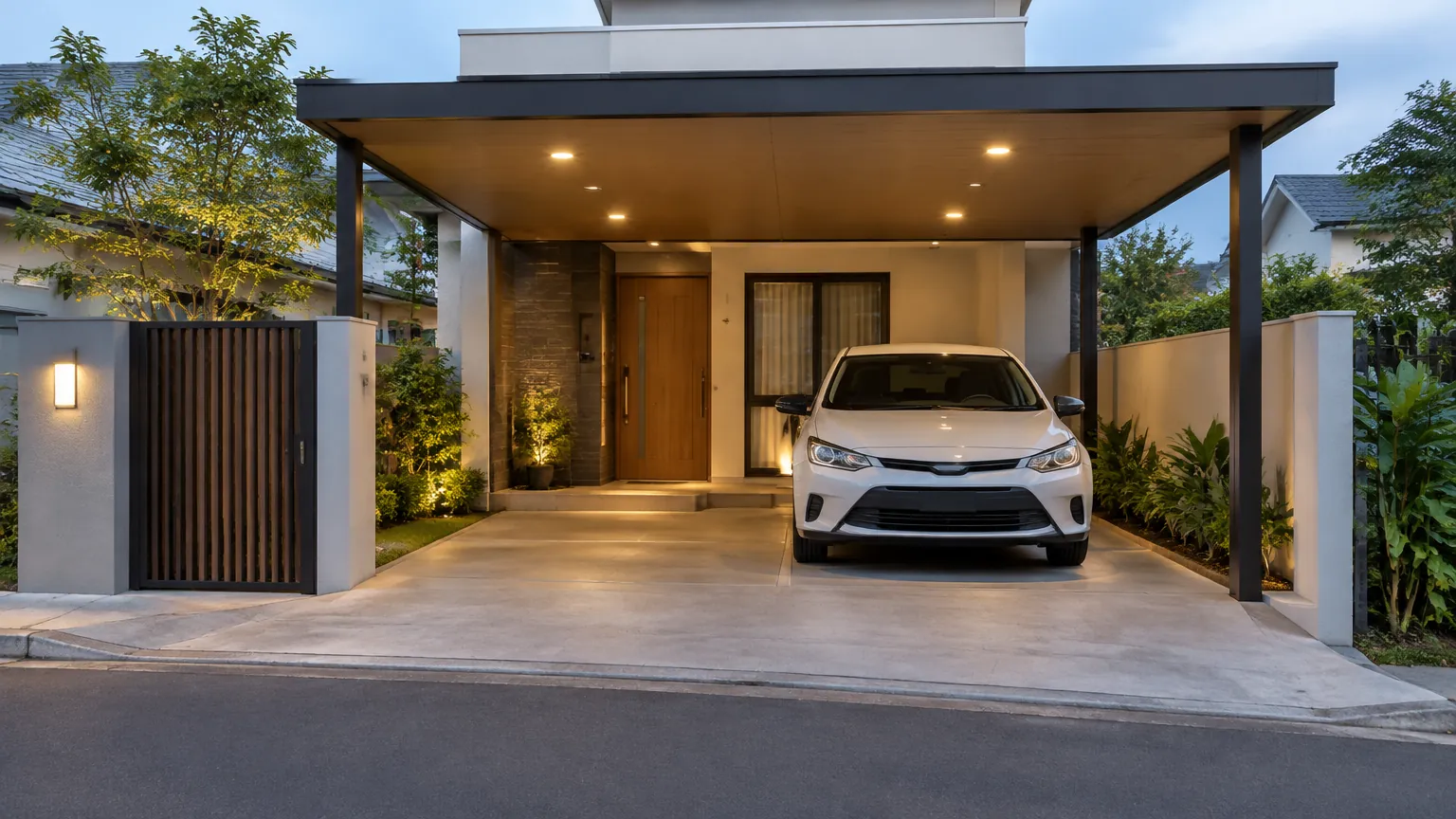 Lampu plafon dan dinding menerangi carport rumah pada senja hari