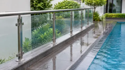 Railing kaca di tepi area luar yang basah