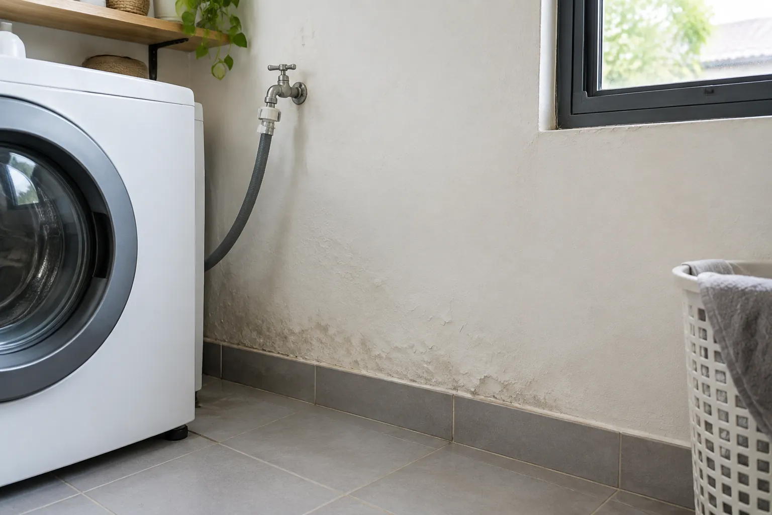 Dinding laundry lembap di dekat sambungan mesin cuci