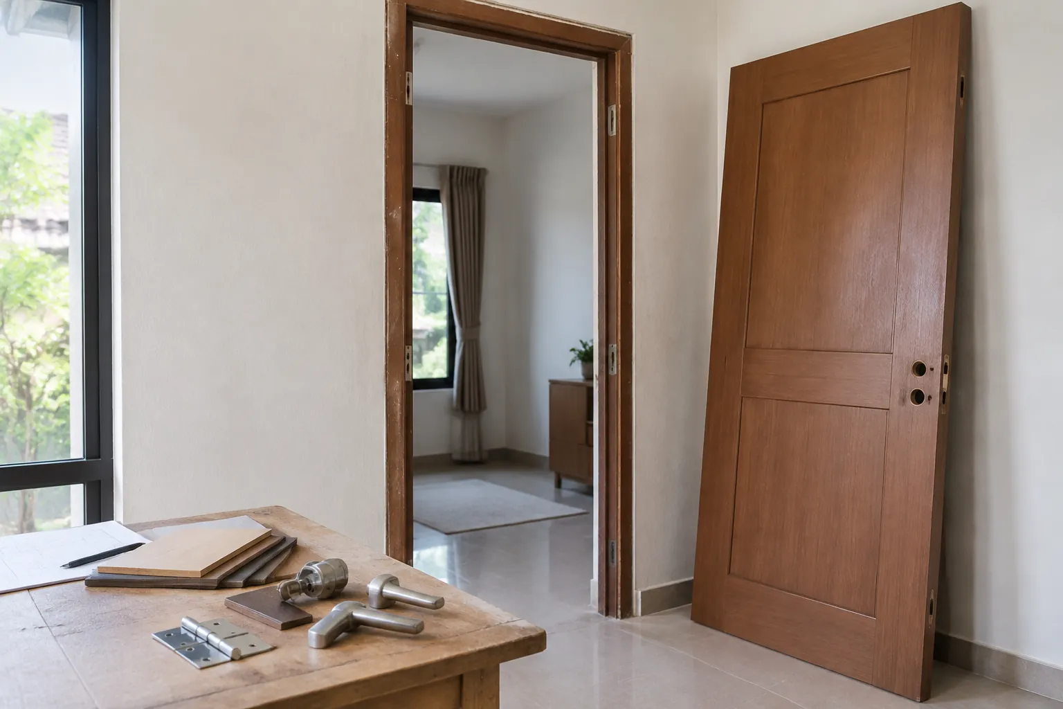 Pintu kayu baru dan contoh komponen di ruang renovasi