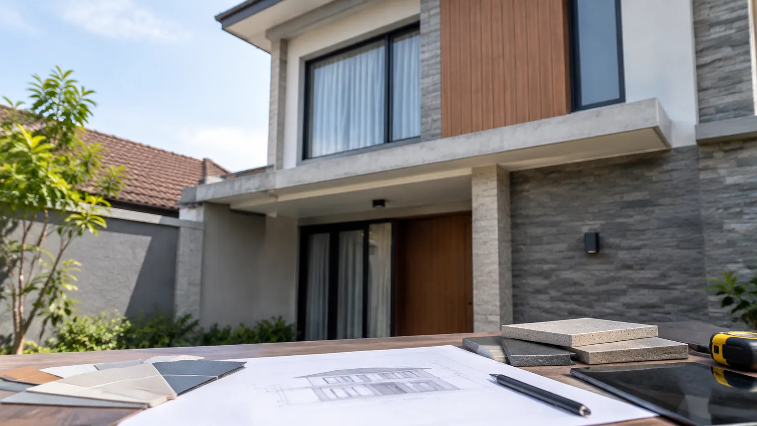 Fasad rumah dengan contoh bahan di atas meja rencana
