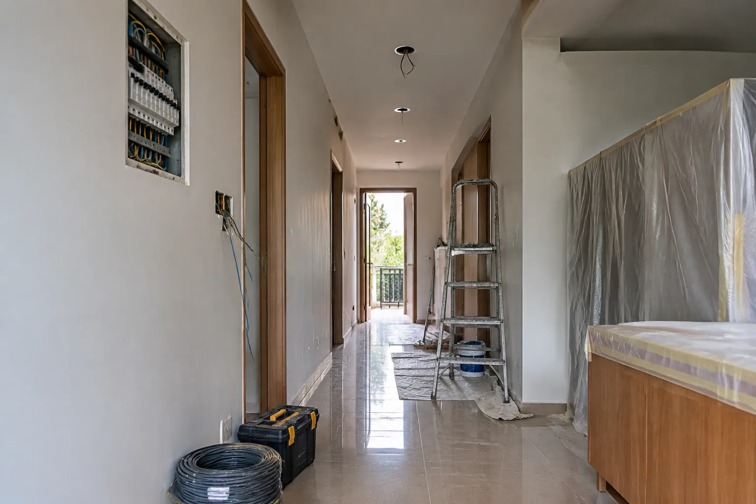 Koridor renovasi memperlihatkan instalasi listrik dan pekerjaan dinding