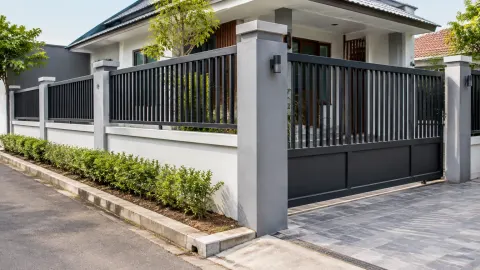 Pagar logam hitam dan gerbang pada rumah modern