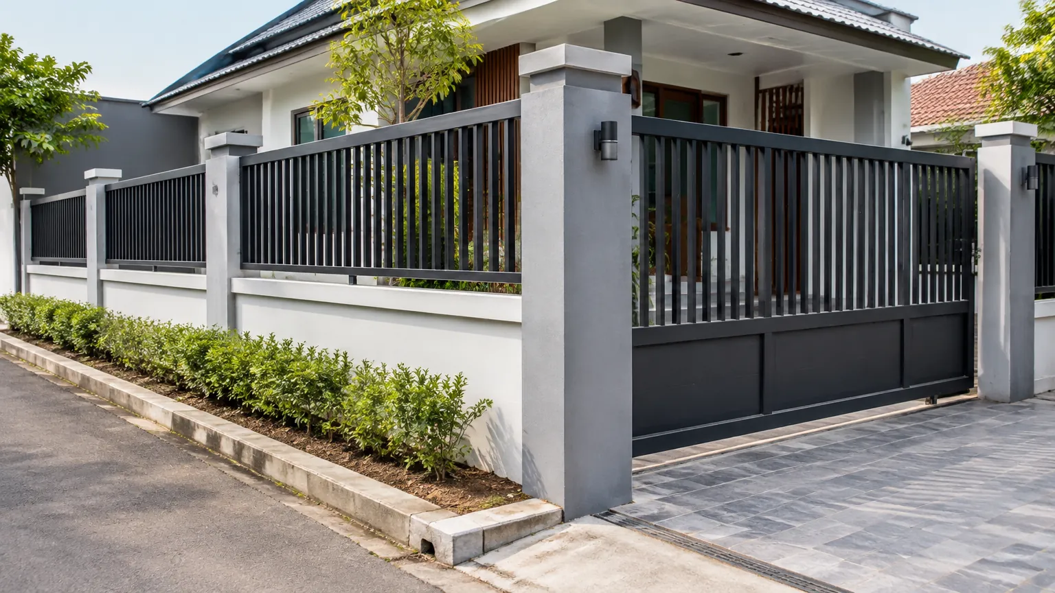 Pagar logam hitam dan gerbang pada rumah modern