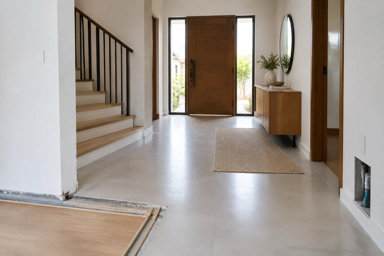Lantai foyer dalam renovasi.