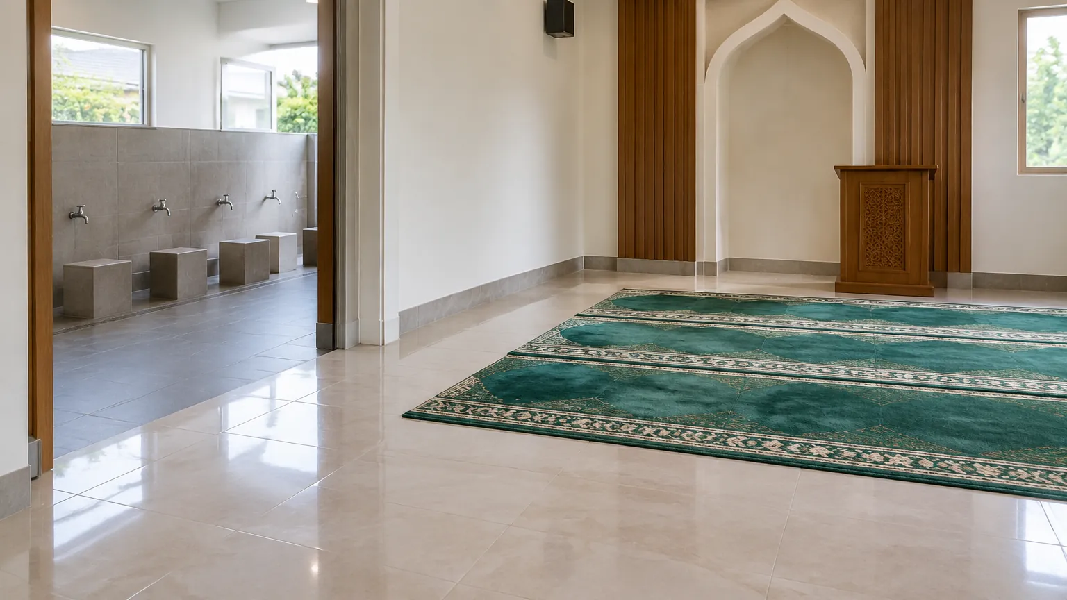 Mushola dengan karpet hijau dan ceruk dinding