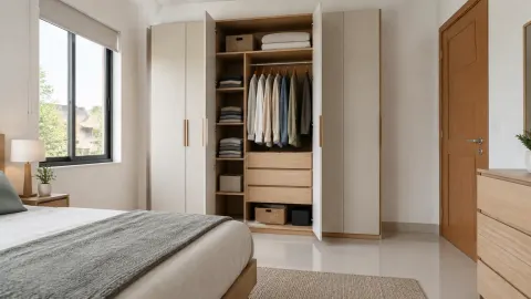 Lemari pakaian kayu di kamar tidur dekat pintu
