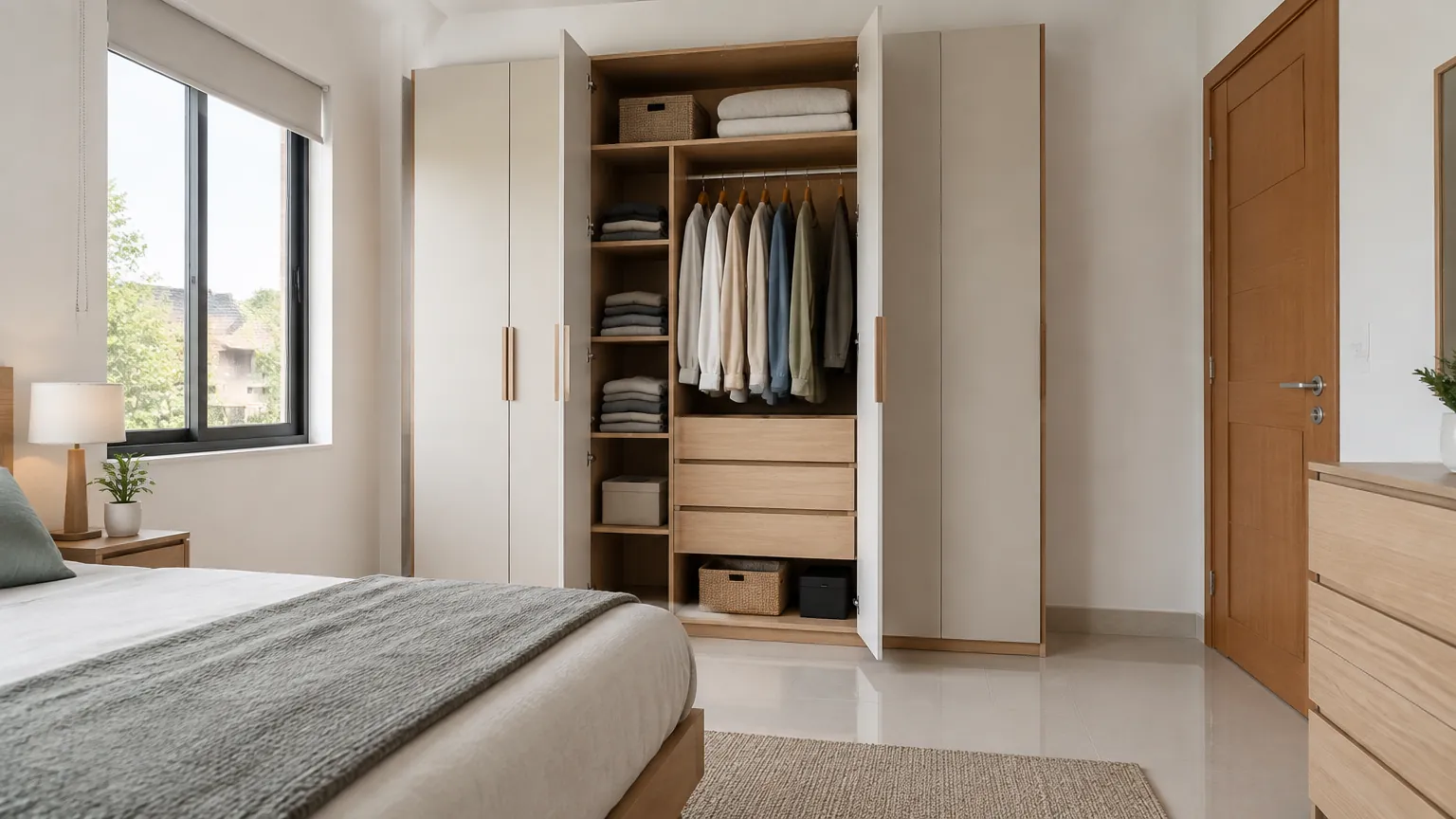 Lemari pakaian kayu di kamar tidur dekat pintu