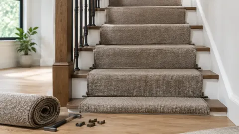 Tangga rumah dengan karpet sebagian terpasang dan gulungan karpet di bawahnya