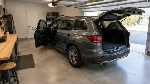 Mobil dengan pintu dan bagasi terbuka dalam garasi