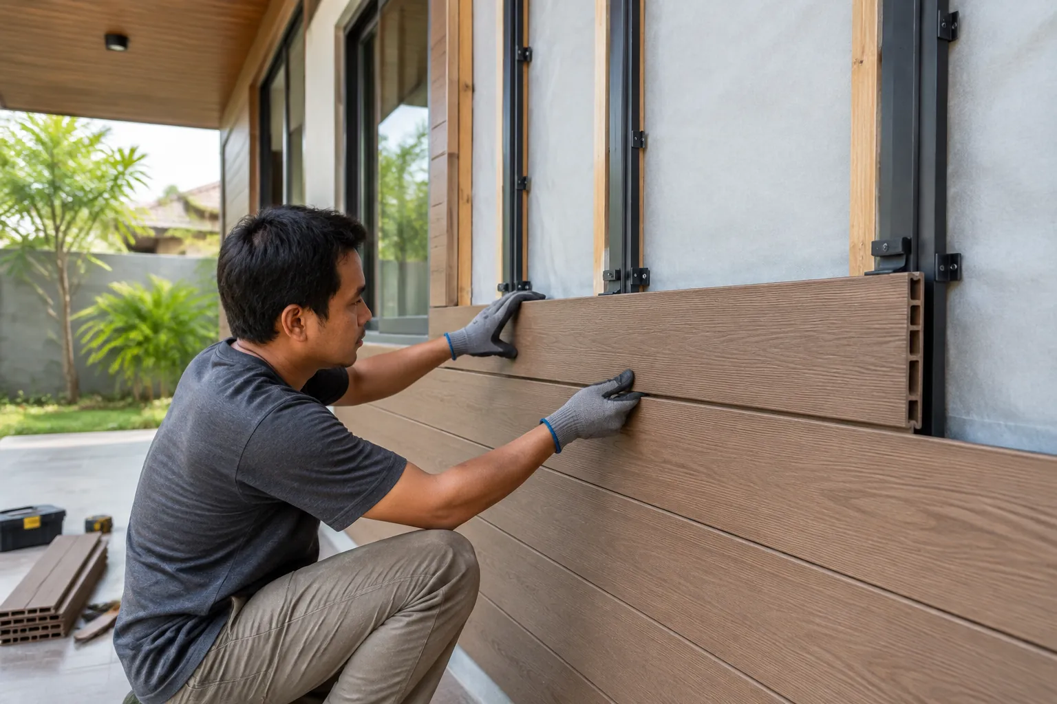 Pekerja memasang panel WPC.