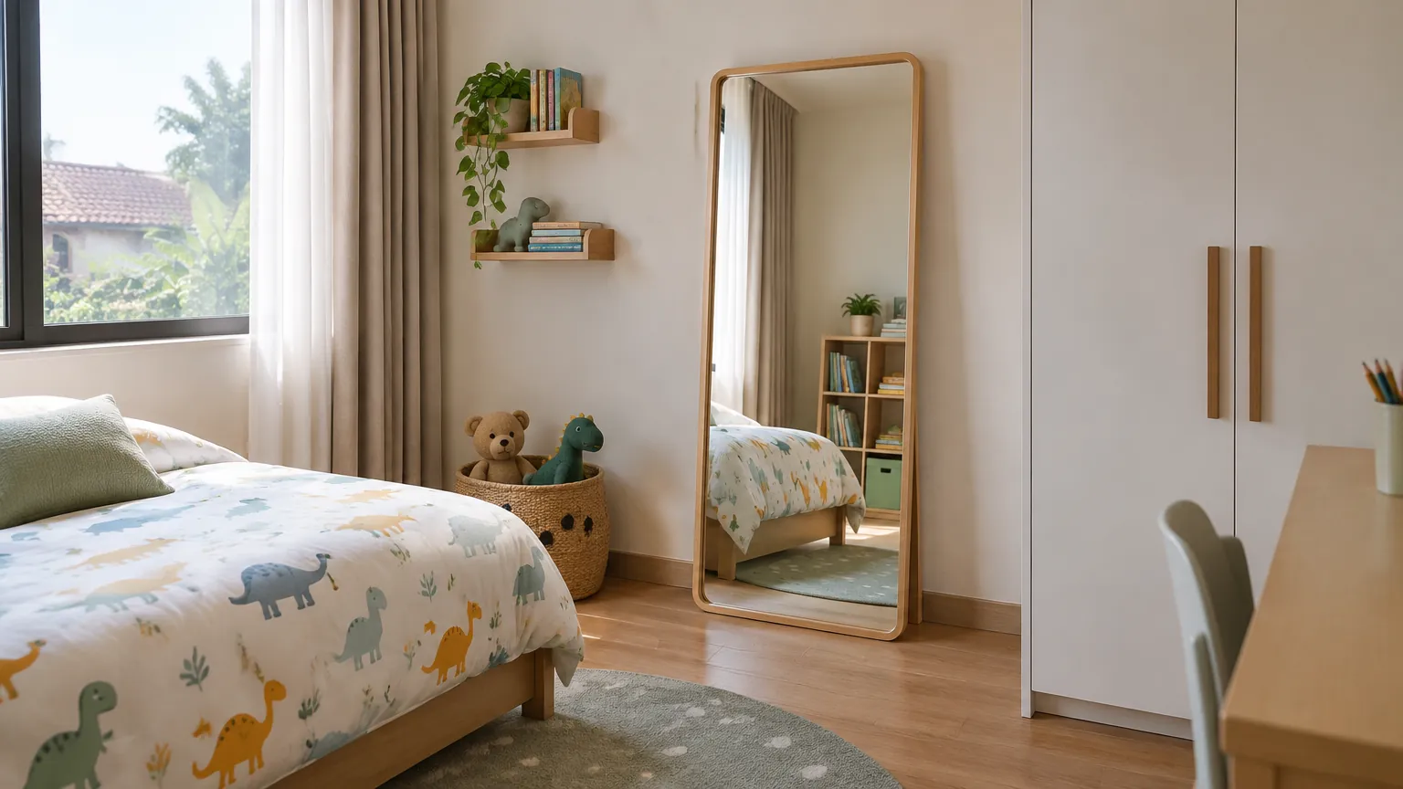 Kamar anak dengan cermin tinggi pada pintu lemari dekat tempat tidur